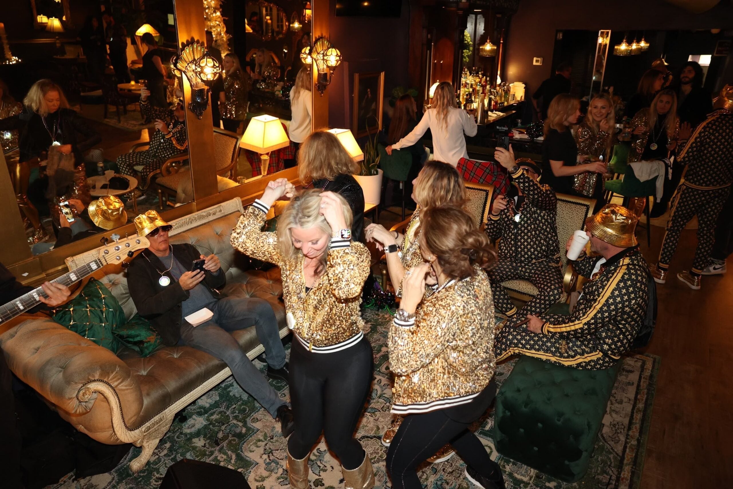 Guests dancing and celebrating on the historic Toulouse Terrace balcony