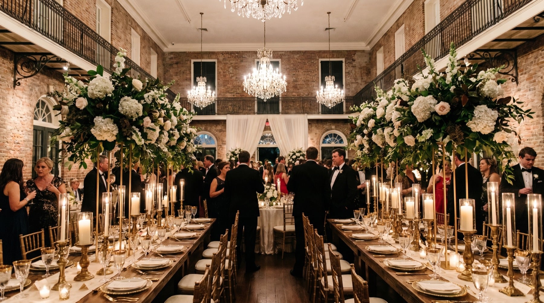 Long banquet table set for a wedding dinner
