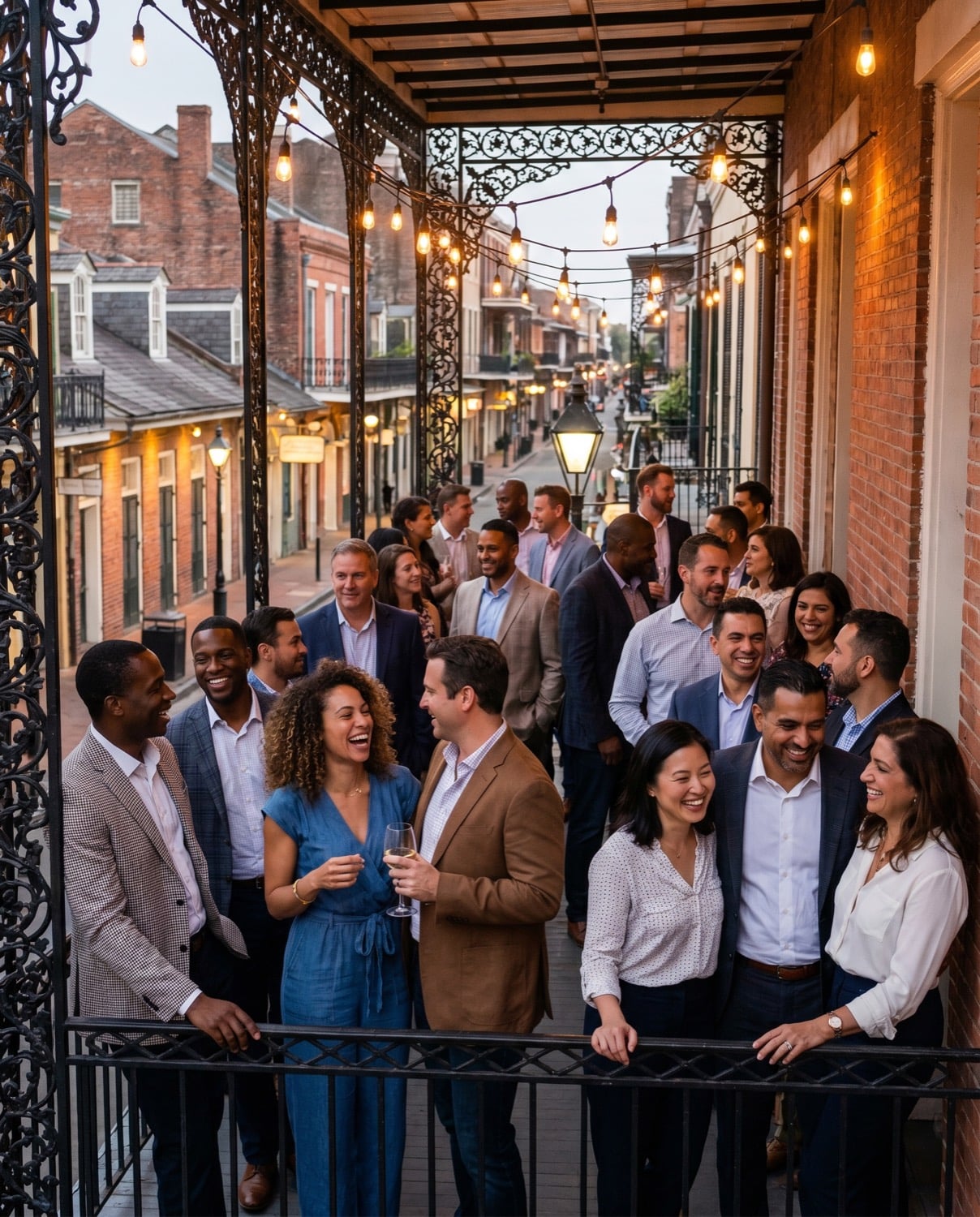 Evening corporate event on a French Quarter balcony